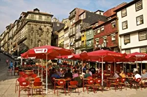 Porto Gallery: Red sunshades of cafes in Ribeira Square, Porto, Portugal, Europe