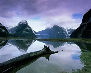 South Island Gallery: Reflections and view across Milford Sound to Mitre Peak