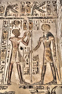 Relief, Pharaoh on left, God Horus on the right, Temple of Khonsu, Karnak Temple Complex Relief, Pharaoh on left, God Horus on the right, Temple of Khonsu, Karnak Temple Complex