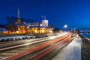 Riga's skyline and President Castle at night in winter, Old Town, UNESCO World Heritage Site, Riga, Latvia, Europe Rigas skyline and President Castle at night in winter, Old Town, UNESCO World