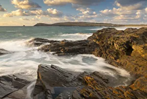Rocky shoreline of Treyarnon Point at sunset, looking towards Trevose Head, Cornwall Rocky shoreline of Treyarnon Point at sunset, looking towards Trevose Head, Cornwall