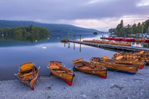 Lake Windermere Gallery: Rowing boats at Windermere at sunset, Lake District National Park, UNESCO World Heritage Site