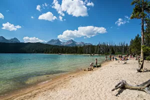Sandy beach on Redfish Lake in a valley north of Sun Valley, Sawtooth National Forest, Idaho, United States of America