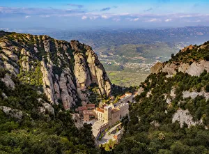 Santa Maria de Montserrat Abbey, elevated view, Montserrat mountain range near Barcelona Santa Maria de Montserrat Abbey, elevated view, Montserrat mountain range near Barcelona