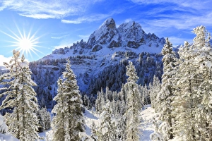 Sass de Putia and forest after a snowfall, Funes Valley, Sudtirol (South Tyrol), Dolomites Sass de Putia and forest after a snowfall, Funes Valley, Sudtirol (South Tyrol), Dolomites