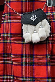 Scottish kilt and purse on display for sale, Edinburgh, Scotland, United Kingdom, Europe