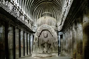 Maharashtra Gallery: Sculpture of the Buddha in the main room of the temple of Vishvakarma (Cave 10), Ellora Caves