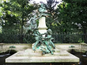 Prints of Sculpture of the Delacroix Monument in the Jardin du Luxembourg with figures surrounded by greenery in Paris Luxembourg Prints: Delacroix Monument Print in Jardin du Luxembourg