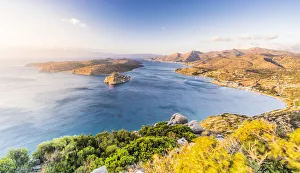 Seaside village of Plaka and Spinalonga island seen from mountains at dawn, Mirabello bay Seaside village of Plaka and Spinalonga island seen from mountains at dawn, Mirabello bay