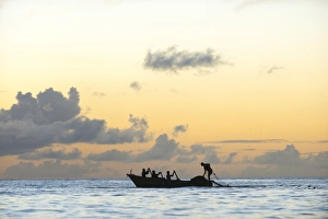 Seine fisherman lay their nets from a boat in Castara Bay in Tobago at sunset Seine fisherman lay their nets from a boat in Castara Bay in Tobago at sunset