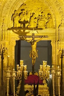 Festivals Gallery: Semana Santa (Holy Week) float outside Seville Cathedral, Seville, Andalucia, Spain, Europe