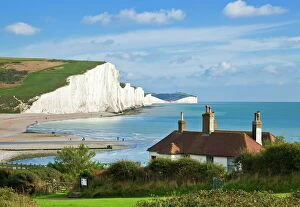 The Seven Sisters cliffs, the coastguard cottages South Downs Way, South Downs National Park, East Sussex, England
