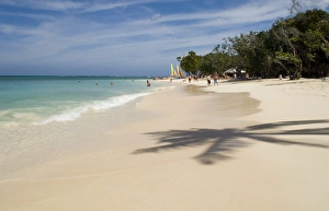 The shadow of a palm tree on the beach and emerald sea. Guardalavaca Beach, Guardalavaca The shadow of a palm tree on the beach and emerald sea. Guardalavaca Beach, Guardalavaca