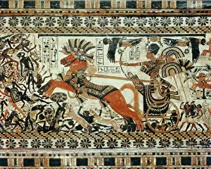 Detail showing the destruction of the black Africans painted on the box of stuccoed wood