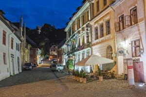 Sighisoara at night in the historic centre of the 12th century Saxon town, Sighisoara Sighisoara at night in the historic centre of the 12th century Saxon town, Sighisoara