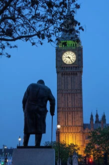 Rear View Collection: Sir Winston Churchill statue and Big Ben, Parliament Square, Westminster, London