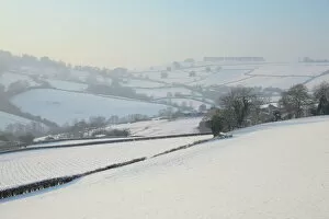 Bath Gallery: Snow covered hillside pastureland, arable fields and bare trees in winter, Tadwick