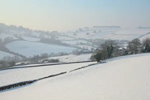 Bath Gallery: Snow covered hillside pastureland, arable fields and bare trees in winter, Tadwick