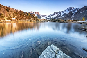 Snowy peaks reflected in Lake Zana at sunrise, Malenco Valley, Valtellina, Province of Sondrio Snowy peaks reflected in Lake Zana at sunrise, Malenco Valley, Valtellina, Province of Sondrio
