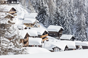The snowy woods frame the typical mountain huts, Bettmeralp, district of Raron The snowy woods frame the typical mountain huts, Bettmeralp, district of Raron
