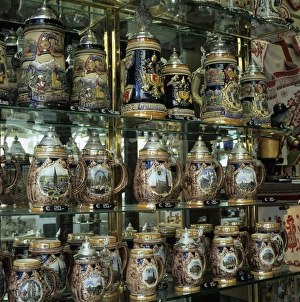 Souvenir shop window display of traditional Austrian beer tankards, Vienna, Austria, Europe Souvenir shop window display of traditional Austrian beer tankards, Vienna, Austria, Europe