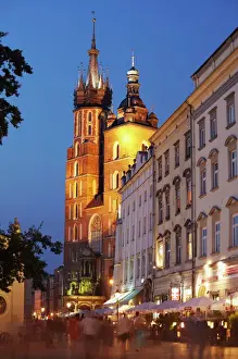 Prints of St. Marys Church in Main Market Square (Rynek Glowny) at dusk, UNESCO World Heritage Site, Krakow, Poland, Europe Poland Prints: St. Marys Church Print at Dusk, Krakow, Poland
