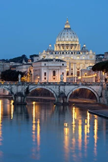 17th Century Gallery: St. Peters Basilica, the River Tiber and Ponte Sant Angelo at night, Rome, Lazio