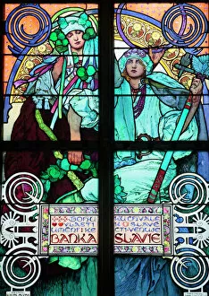 St. Vituss Cathedral. stained glass of St. Cyril and Methodius by Alfons Mucha, Prague, Czech Republic, Europe