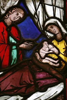 Stained glass of the birth of Isaac, son of Abraham and Sarah, Klosterneuburg, Austria Stained glass of the birth of Isaac, son of Abraham and Sarah, Klosterneuburg, Austria