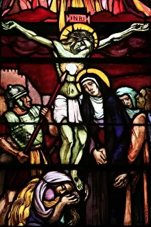 Images Dated 11th February 2000: Stained glass of Christ on the cross, in Saint-Pierre de Solesmes Abbey, Solesmes, Sarthe