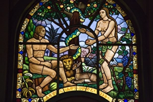 Stained glass window depicting Adam and Eve in the Garden of Eden, Holy Trinity Cathedral Stained glass window depicting Adam and Eve in the Garden of Eden, Holy Trinity Cathedral