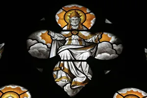 Stained glass window depicting God, Notre Dame de Beaune church, Beaune, Cote d'Or Stained glass window depicting God, Notre Dame de Beaune church, Beaune, Cote d'Or