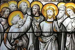 Stained glass window depicting St. Peter protesting his fidelity to Christ Stained glass window depicting St. Peter protesting his fidelity to Christ
