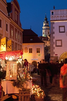 Stalls at Christmas Market with Renaissance Tower, Svornosti Square, Cesky Krumlov Stalls at Christmas Market with Renaissance Tower, Svornosti Square, Cesky Krumlov