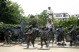 Statues of Rembrandt and the Night Watches on Rembrandtplein, Amsterdam, Holland, Europe Statues of Rembrandt and the Night Watches on Rembrandtplein, Amsterdam, Holland, Europe