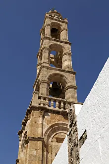 Stone bell tower of the Church of the Panagia, a Greek Orthodox place of worship Stone bell tower of the Church of the Panagia, a Greek Orthodox place of worship