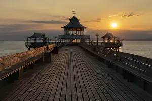 Prints of Sunset over Clevedon Pier and its pagoda, Clevedon, Somerset, England, United Kingdom, Europe Somerset Prints: Clevedon Pier Print with Pagoda at Sunset