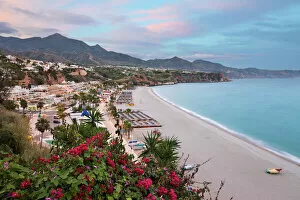 Flower Collection: Sunset view over Nerja Playa Burriana beach, Nerja, Malaga Province, Costa del Sol