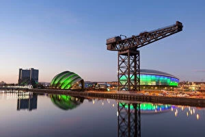 Scottish Culture Gallery: Sunset view of River Clyde, Finnieston Crane, The Hydro and the Armadillo, Glasgow