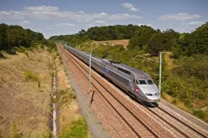 Tours Collection: A TGV train speeds through the French countryside near to Tours, Indre-et-Loire, Centre, France