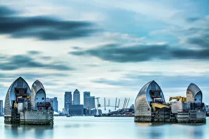 Images Dated 16th February 2013: Thames Barrier on River Thames and Canary Wharf in the background, London, England
