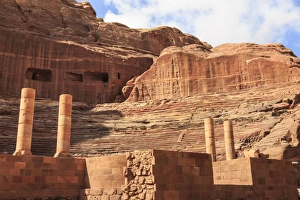 Theatre carved into the mountainside, with stage wall and columns, Petra, UNESCO Theatre carved into the mountainside, with stage wall and columns, Petra, UNESCO