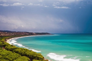 Thunder and lightning storm over Capo Bianco Beach and the Mediterranean Sea in the Province of Agrigento, Sicily Thunder and lightning storm over Capo Bianco Beach and the Mediterranean Sea in the Province of Agrigento, Sicily