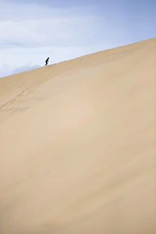 Tourist climbing Te Paki Sand Dunes on 90 Mile Beach, Northland, North Island, New Zealand Tourist climbing Te Paki Sand Dunes on 90 Mile Beach, Northland, North Island, New Zealand