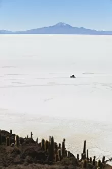 Images Dated 22nd July 2012: Tourist jeep on Salar de Uyuni (Salt Flats of Uyuni) from Isla del Pescado (Fish Island)