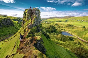 Small Group Of People Collection: Tourists explore Fairy Glenn, Isle of Skye, Inner Hebrides, Scotland, United Kingdom, Europe