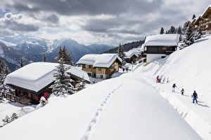 Tourists and skiers enjoying the snowy landscape, Bettmeralp, district of Raron Tourists and skiers enjoying the snowy landscape, Bettmeralp, district of Raron