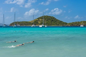 Tourists snorkeling in the turquoise waters of the Tobago Cays, The Grenadines, St Tourists snorkeling in the turquoise waters of the Tobago Cays, The Grenadines, St
