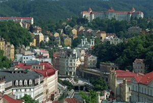 The town of Karlovy Vary (Karlsbad) seen from Thermal sanatorium, Czech Republic, Europe