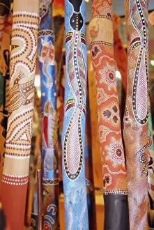 Abstract Collection: Traditional hand painted colourful didgeridoos, Australia